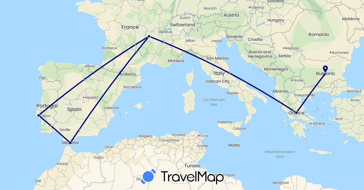 TravelMap itinerary: driving in Bulgaria, France, Gibraltar, Greece, Portugal (Europe)